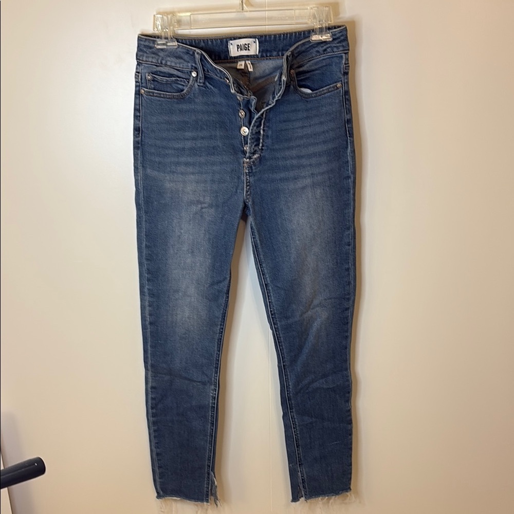 PAIGE Blue Cropped Button Fly Jeans with Stretch